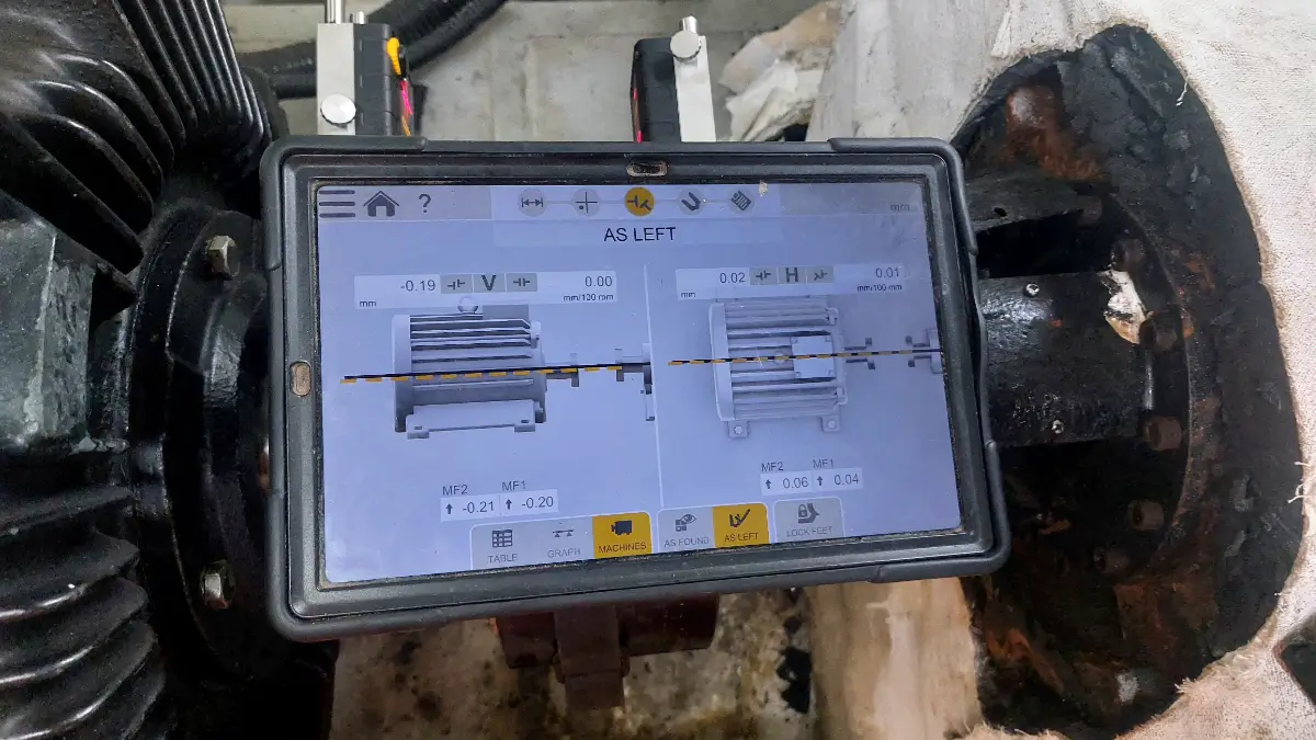 Pump bearing replacement bolt tightening and horizontal laser alignment adjustment