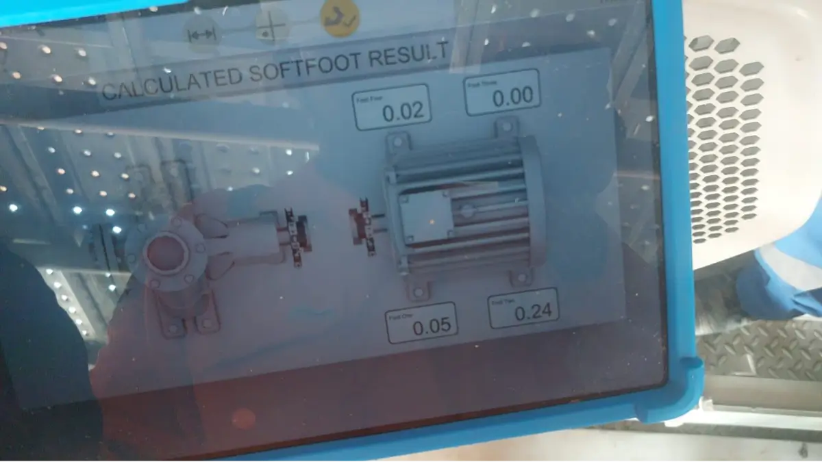 First soft foot measurement showing a changing value during motor pump skid alignment with a damaged shim