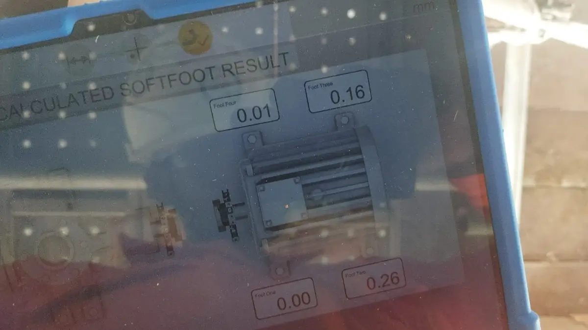 Second soft foot measurement showing a different value with the damaged shim during motor pump skid alignment