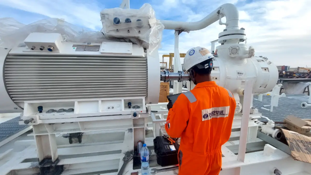 Motor to pump alignment performed on a skid-mounted pump using laser alignment equipment