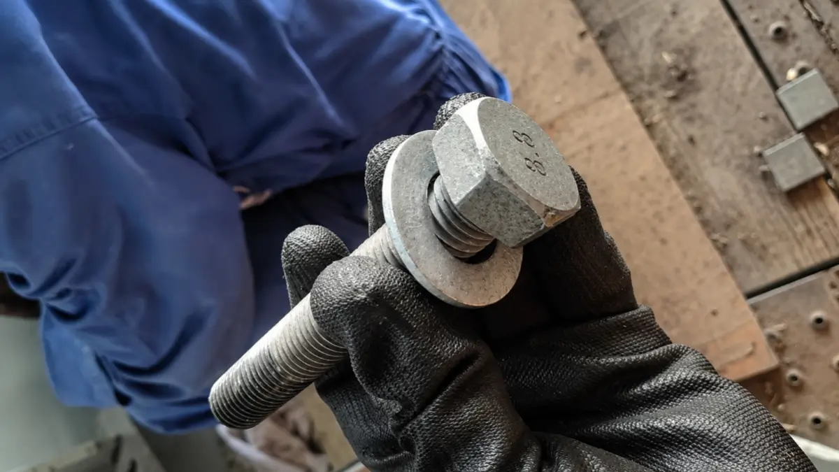 New washer installed beneath the motor frame bolt after replacing the damaged washer